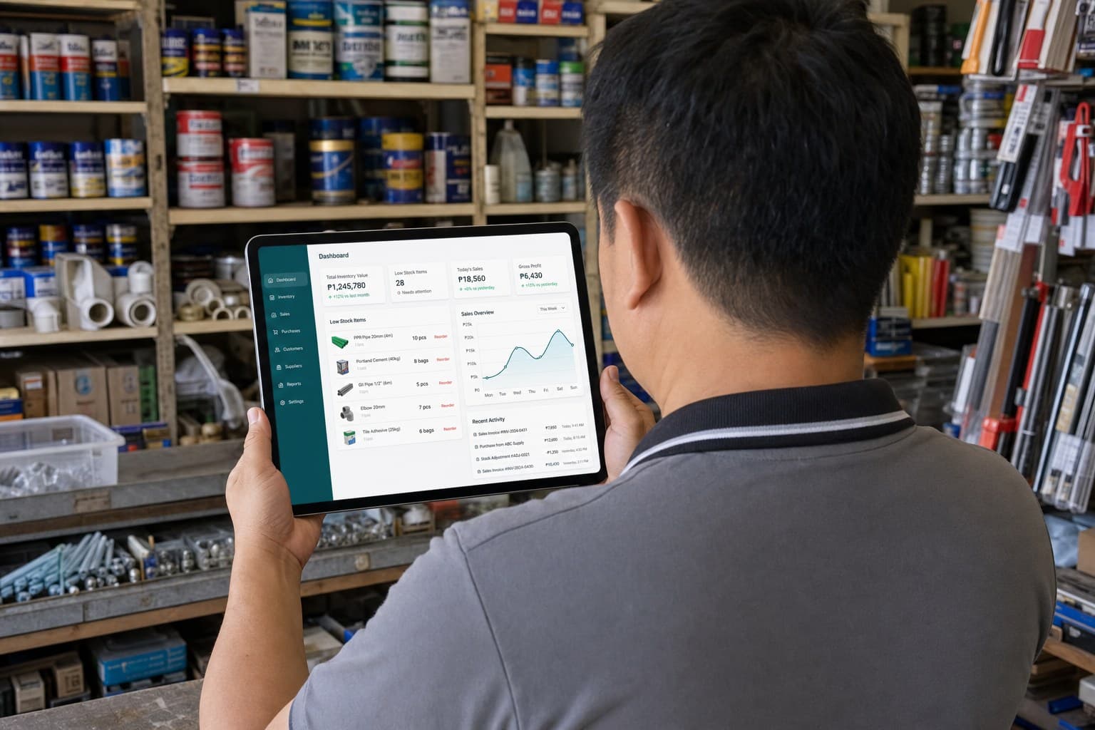 A hardware store owner reviewing an operations dashboard on a tablet