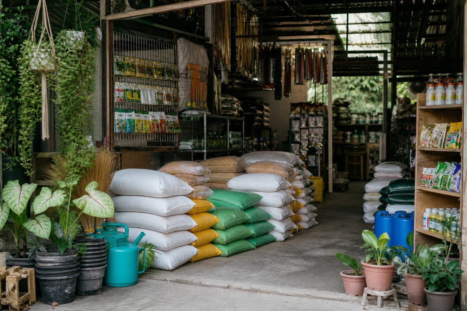 An agricultural supply store with feed sacks, seeds, farm tools, and garden supplies