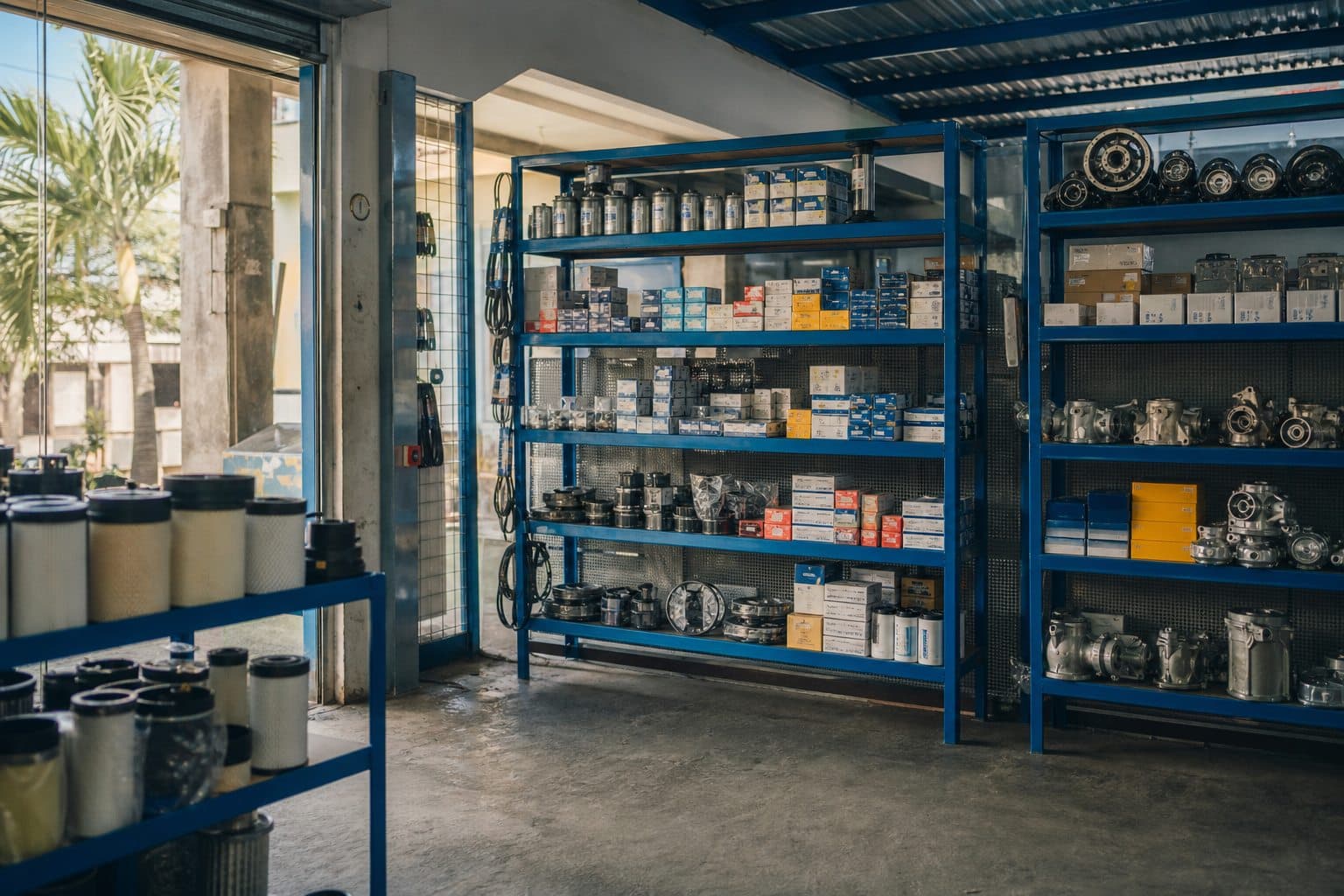 An organized auto-parts shop with filters, belts, boxed components, and metal parts