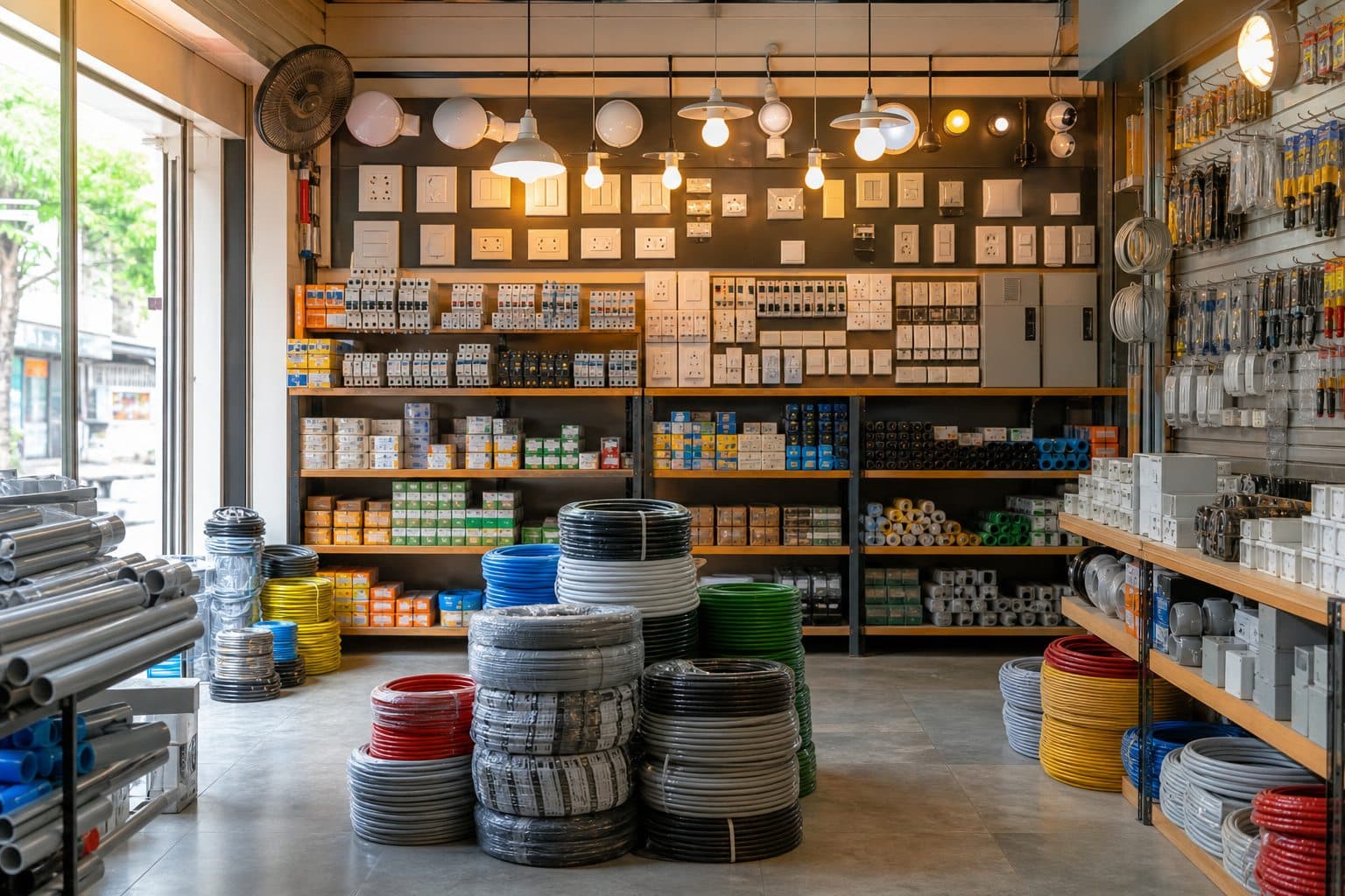 An electrical supply store displaying wires, switches, sockets, fixtures, and conduit