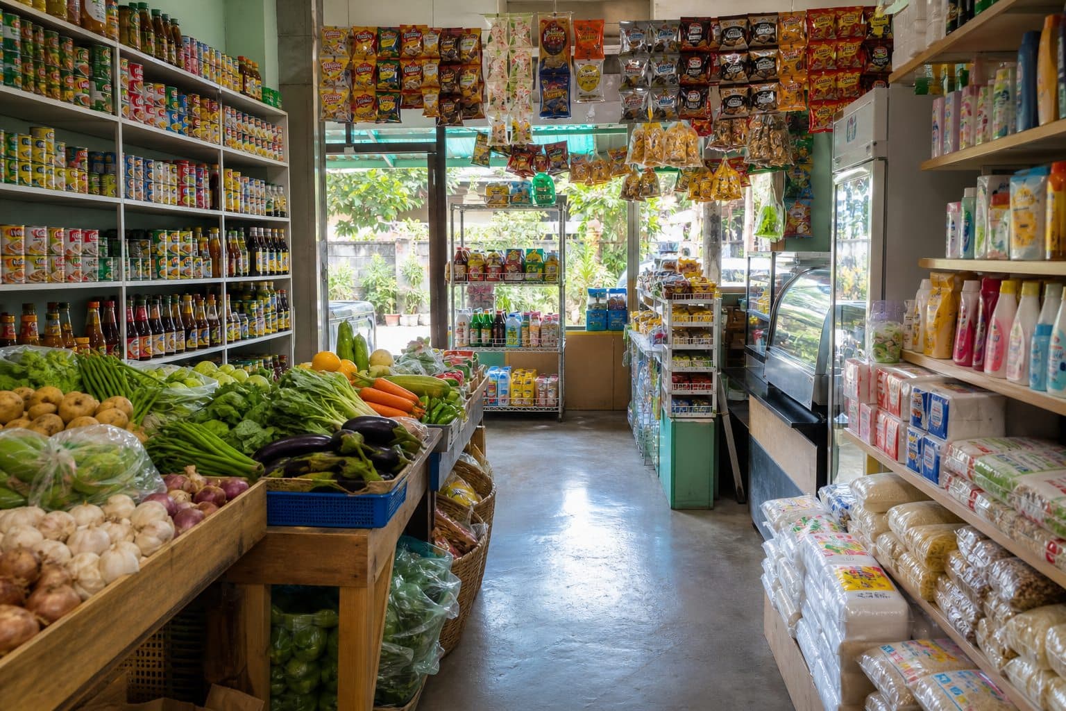 A compact mini-mart stocked with groceries, produce, drinks, and household goods