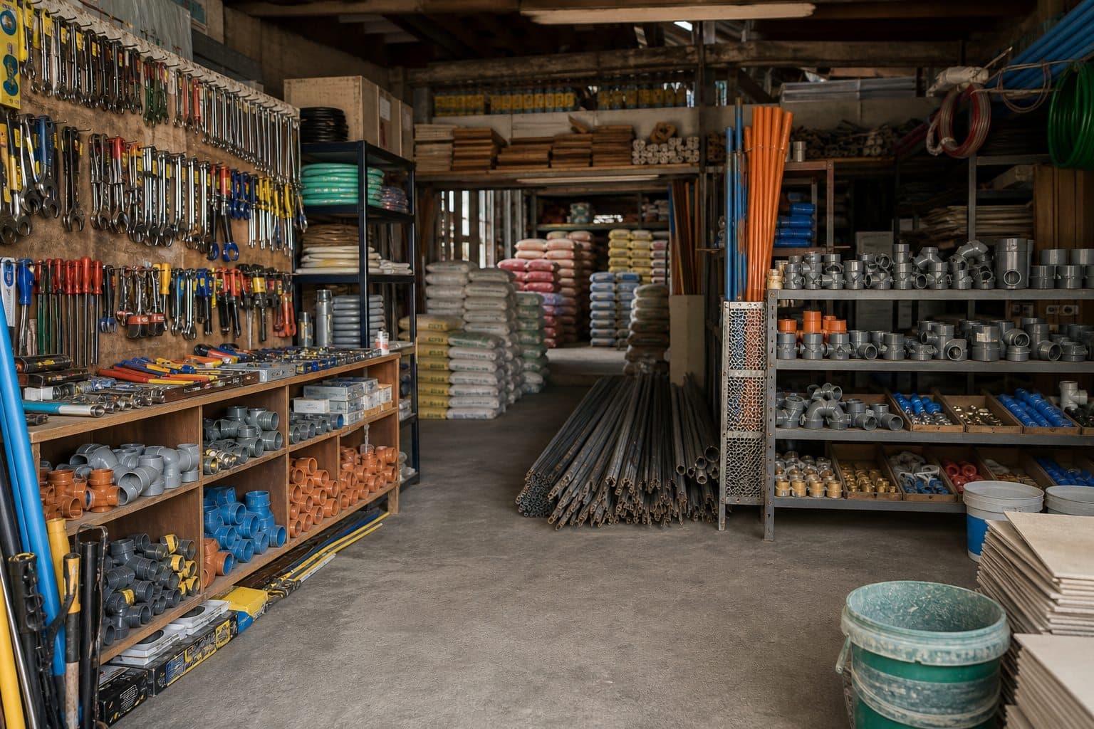 A hardware and construction supply store with tools, pipes, fittings, and building materials