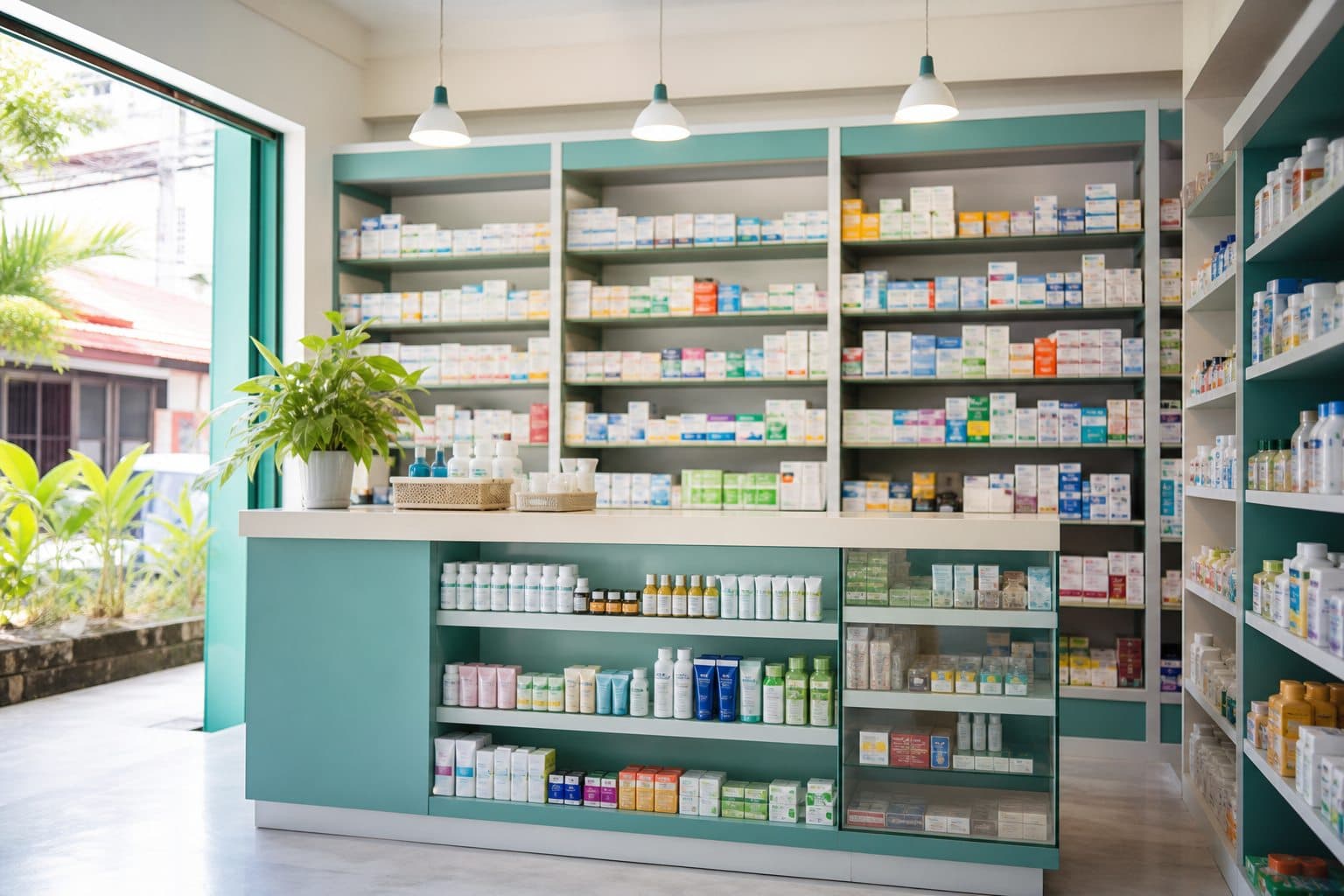 A clean neighborhood pharmacy with organized medicine and health-product shelves