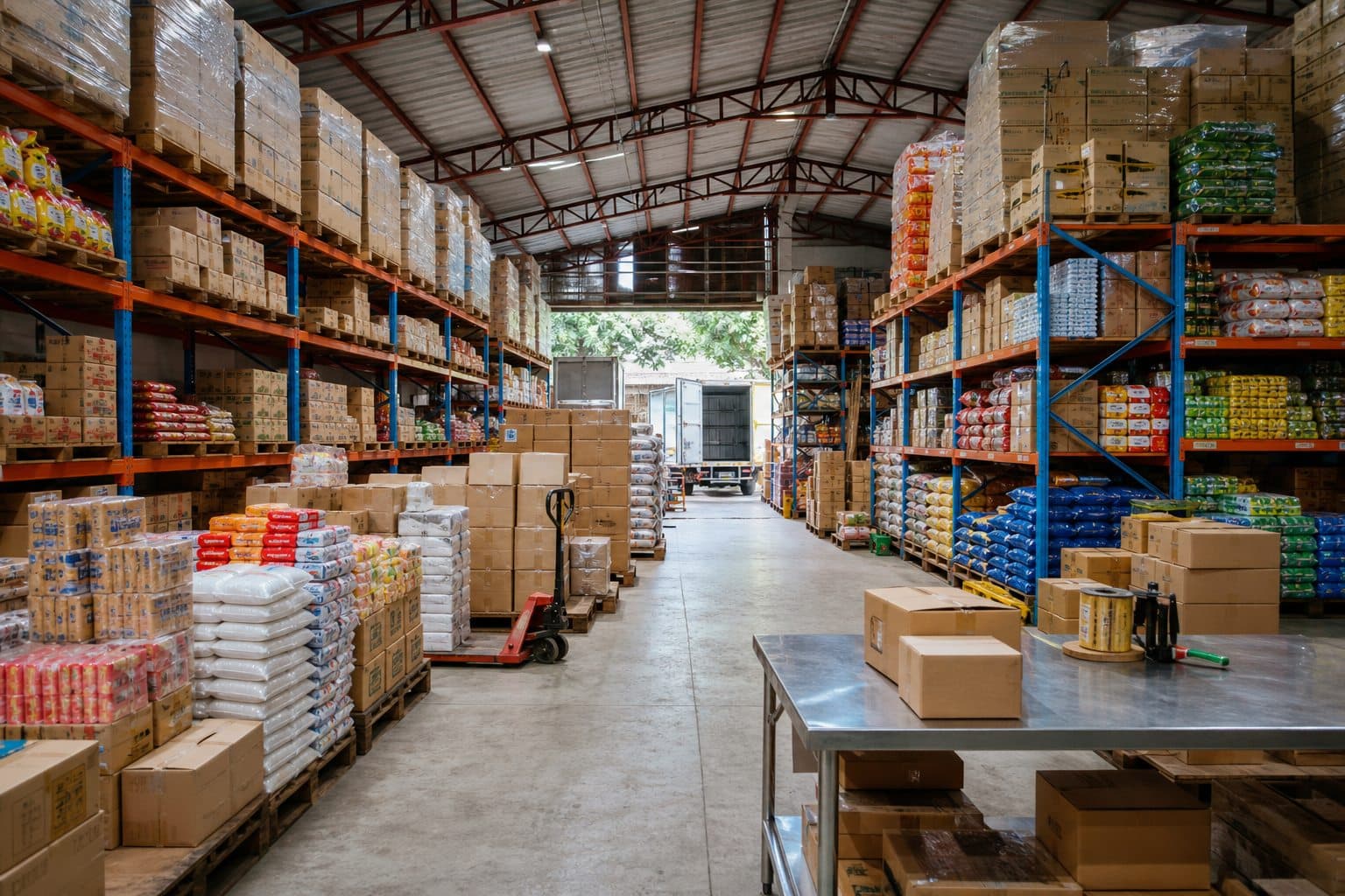 A wholesale distribution warehouse with organized cartons, bulk goods, and pallet racks